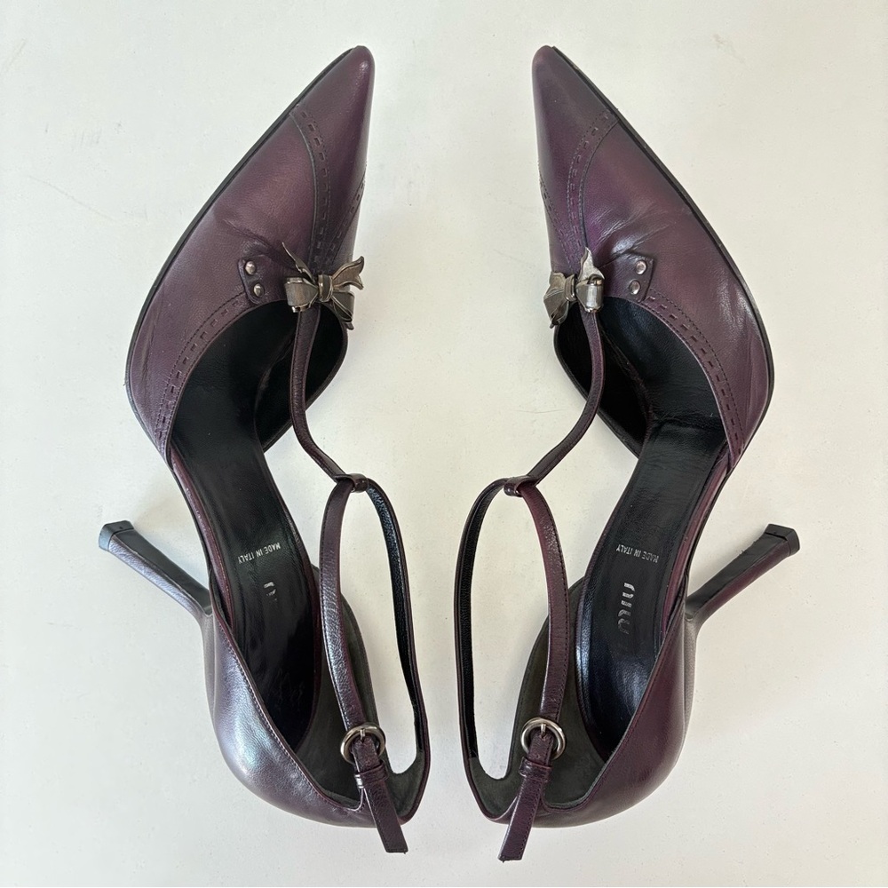 Miu Miu Dark Burgundy Leather Ankle Strap Pointed Toe Women’s Pump Heels US Sz 7 - Picture 8 of 13